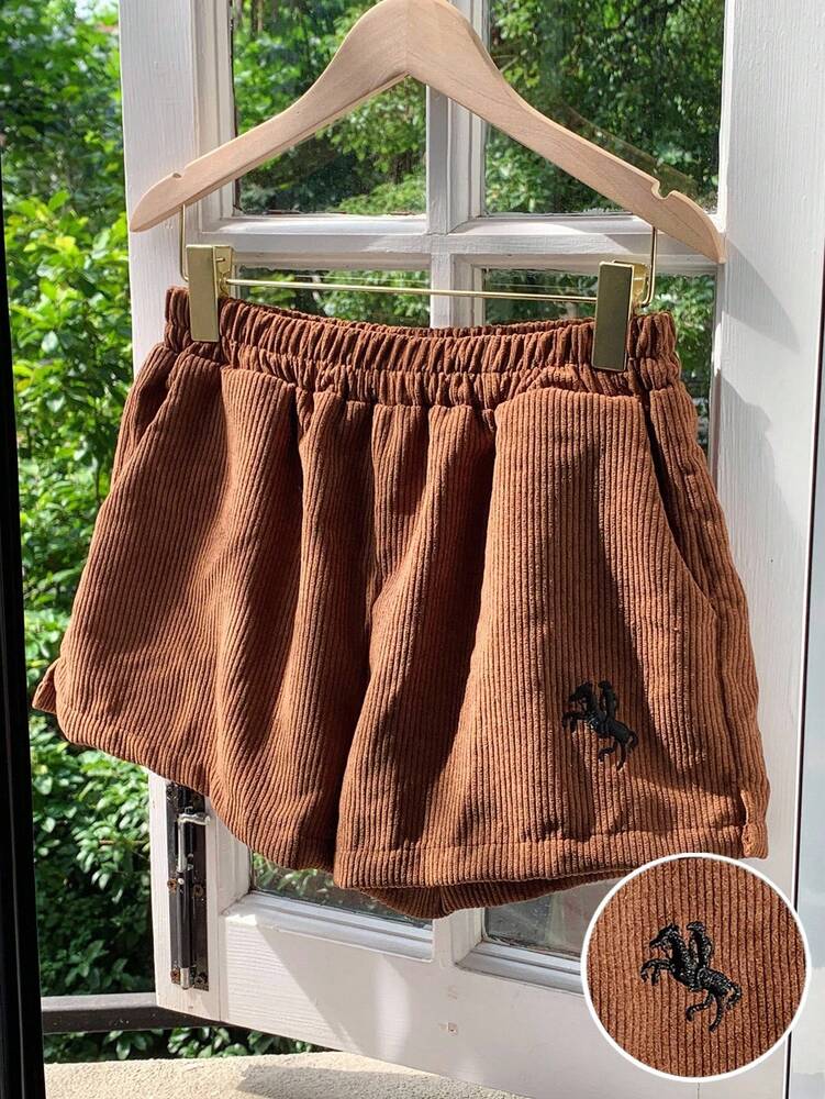 Women's Corduroy Shorts - Embroidered Casual Loose Fit Cotton Blend - Comfortable Everyday Wear & Relaxed Style for Spring/Autumn, Perfect for Casual Outings & Gift