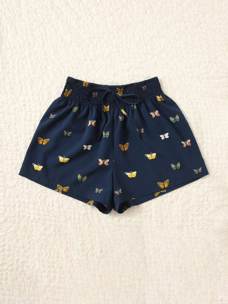Butterfly Print Shorts - Shirred Waist, Lightweight Cotton Blend, Casual Summer Bottoms for Daily Wear, Beach, and Vacation - Available in Multiple Sizes