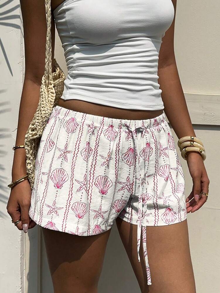 Aloruh Women's Resort Ocean Seashell & Starfish Striped Button Tied Waist Shorts For Spring/Summer