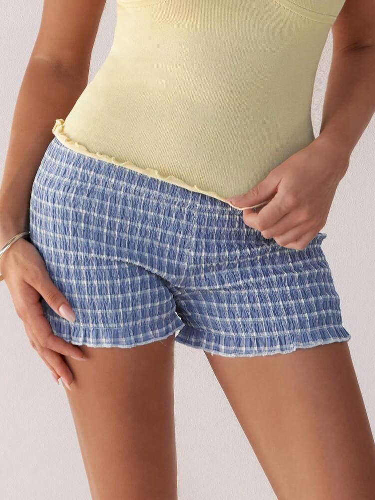 Roylia Women's Low Waist Small Plaid Pleated Ruffle Hem Cute & Romantic Shorts