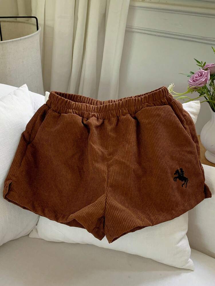 Women's Corduroy Shorts - Embroidered Casual Loose Fit Cotton Blend - Comfortable Everyday Wear & Relaxed Style for Spring/Autumn, Perfect for Casual Outings & Gift