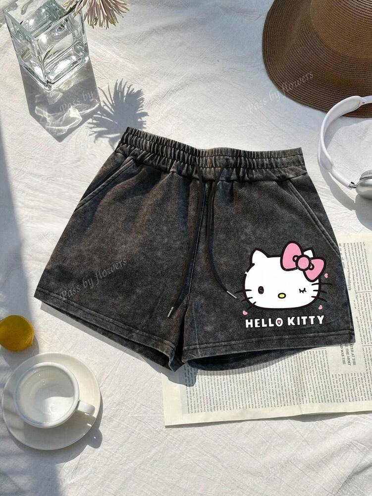 Sanrio Women's Casual "Hello Kitty" Print Drawstring Waist Sports Shorts – Summer Edition