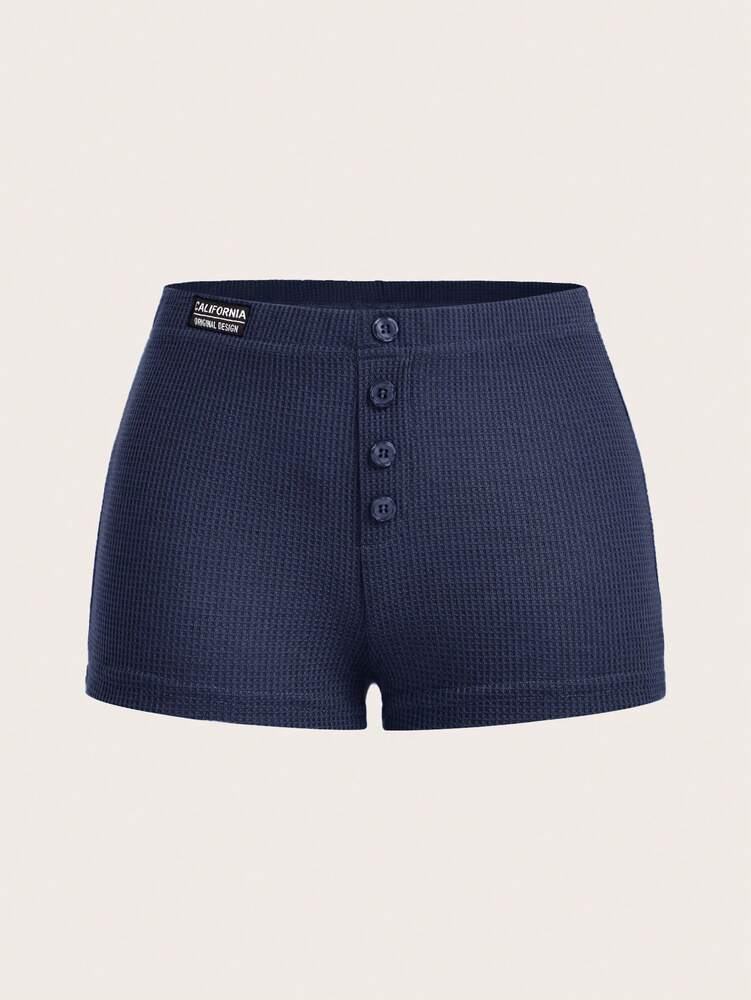 SHEIN ICON Letter Patched Button Detail Waffle Knit Black Shorts