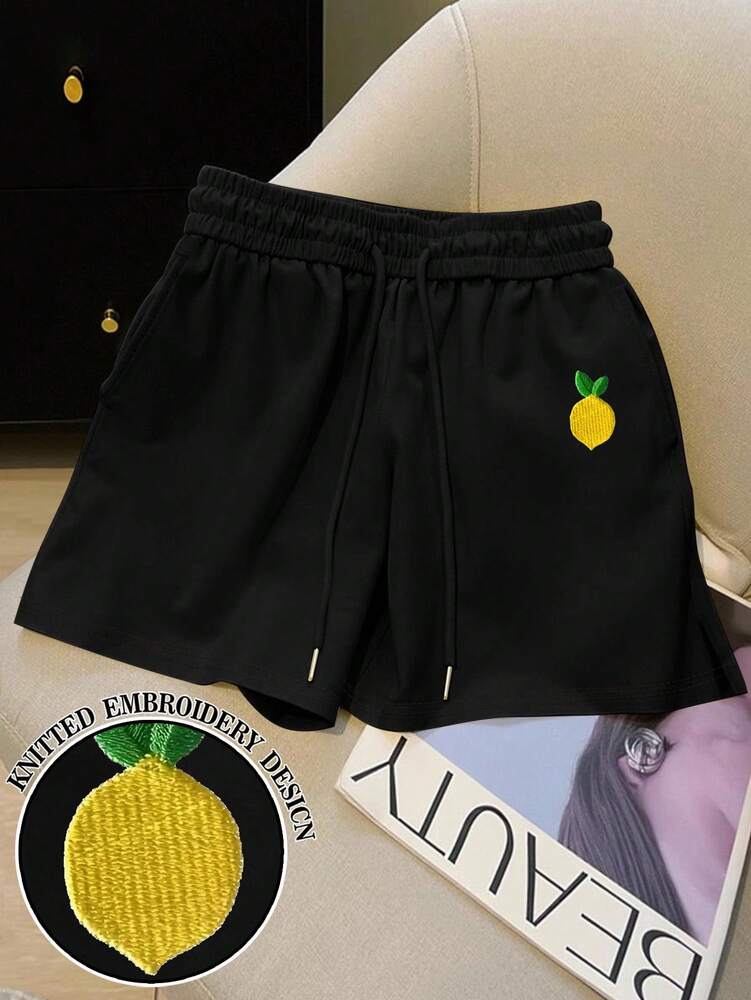 Resyla Women's Yellow Side Slit Shorts with Embroidered Lemon