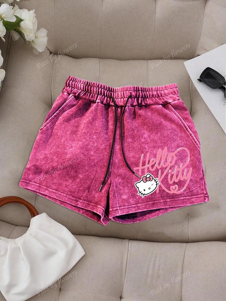 Sanrio Women's Cartoon Print Drawstring Waist Casual Shorts – Hello Kitty Snowflake Edition (Black)