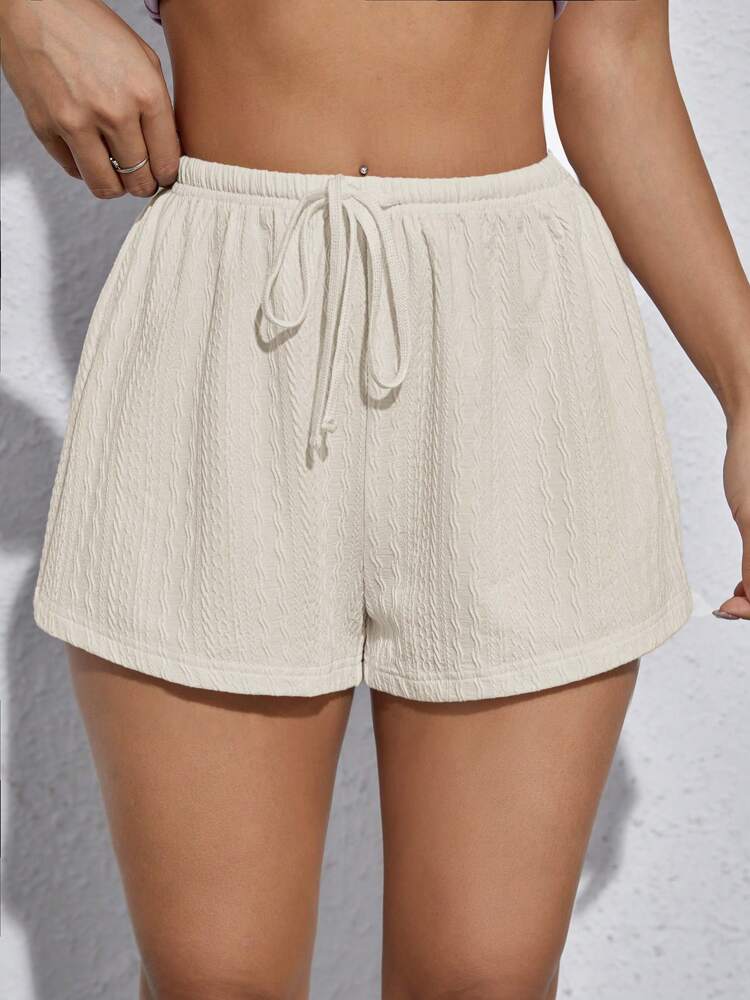 SHEIN EZwear Apricot Color Knitted Women Casual Loose Waist Tie Shorts