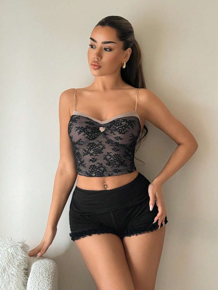SHEIN ICON Y2K Sexy Crop Low Waist Foldover Ruched Ruffle Lace Trim Black Shorts