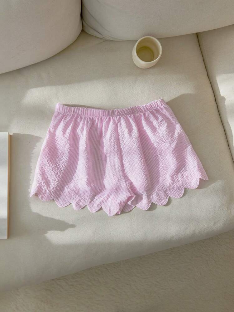 Elamini Pink & White Striped Bubble Textured Fabric, Bowknot Trim Irregular Shell Shape Patch Pockets, Loose Super Short Pants