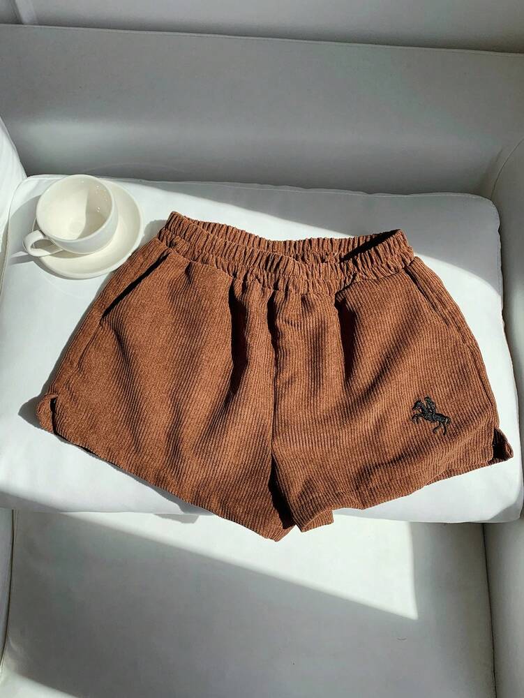 Women's Corduroy Shorts - Embroidered Casual Loose Fit Cotton Blend - Comfortable Everyday Wear & Relaxed Style for Spring/Autumn, Perfect for Casual Outings & Gift