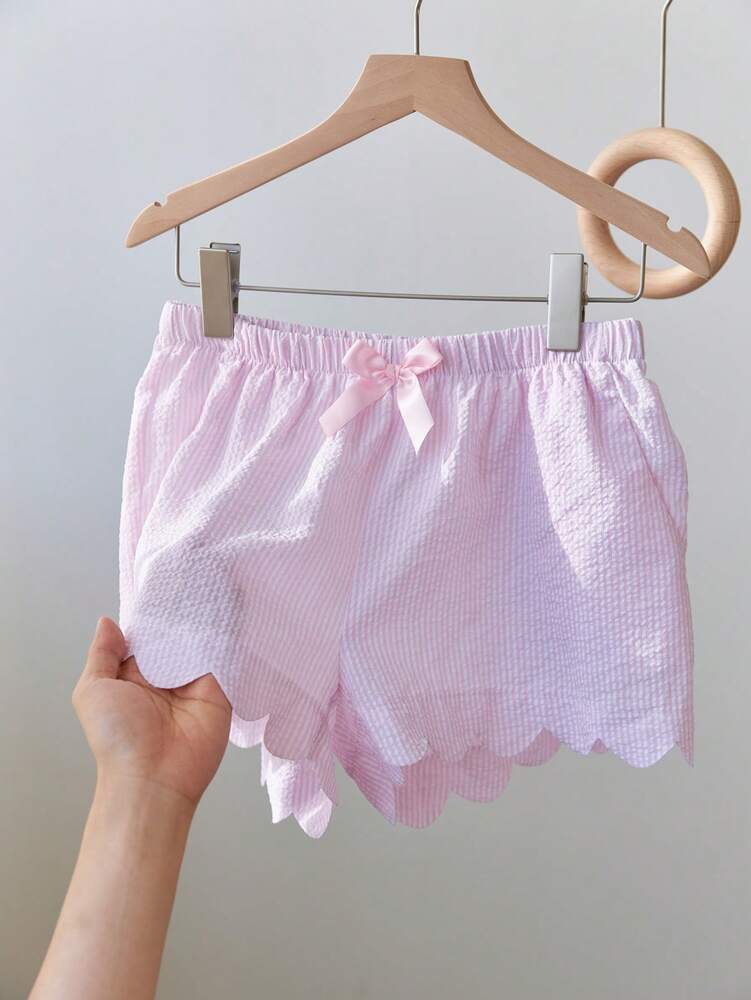 Elamini Pink & White Striped Bubble Textured Fabric, Bowknot Trim Irregular Shell Shape Patch Pockets, Loose Super Short Pants