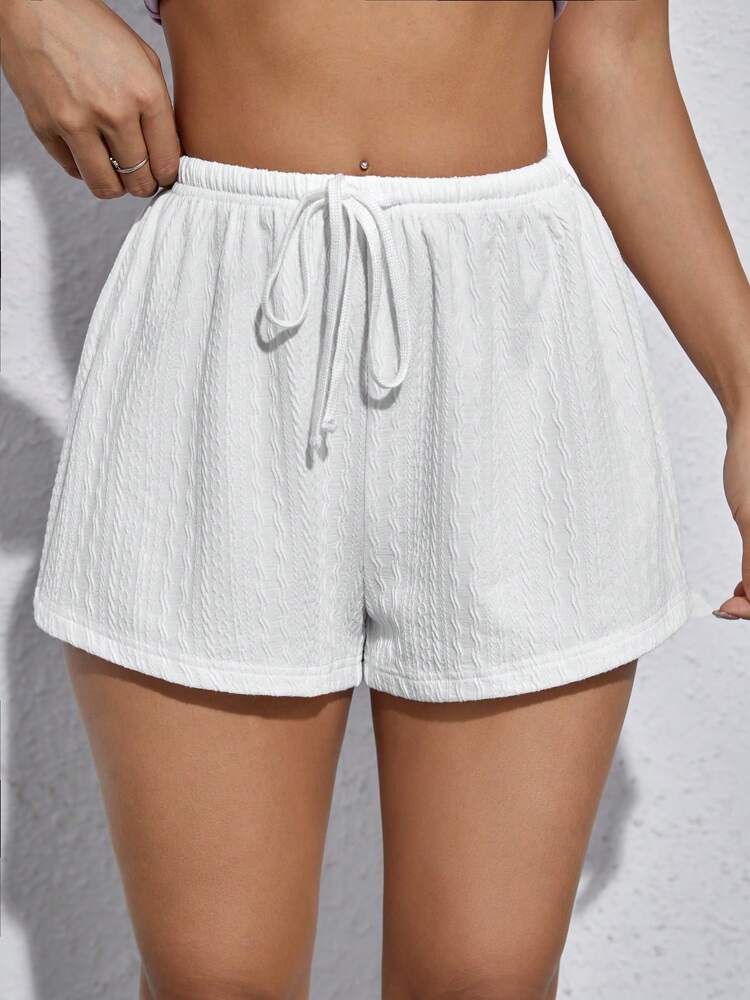 SHEIN EZwear Apricot Color Knitted Women Casual Loose Waist Tie Shorts