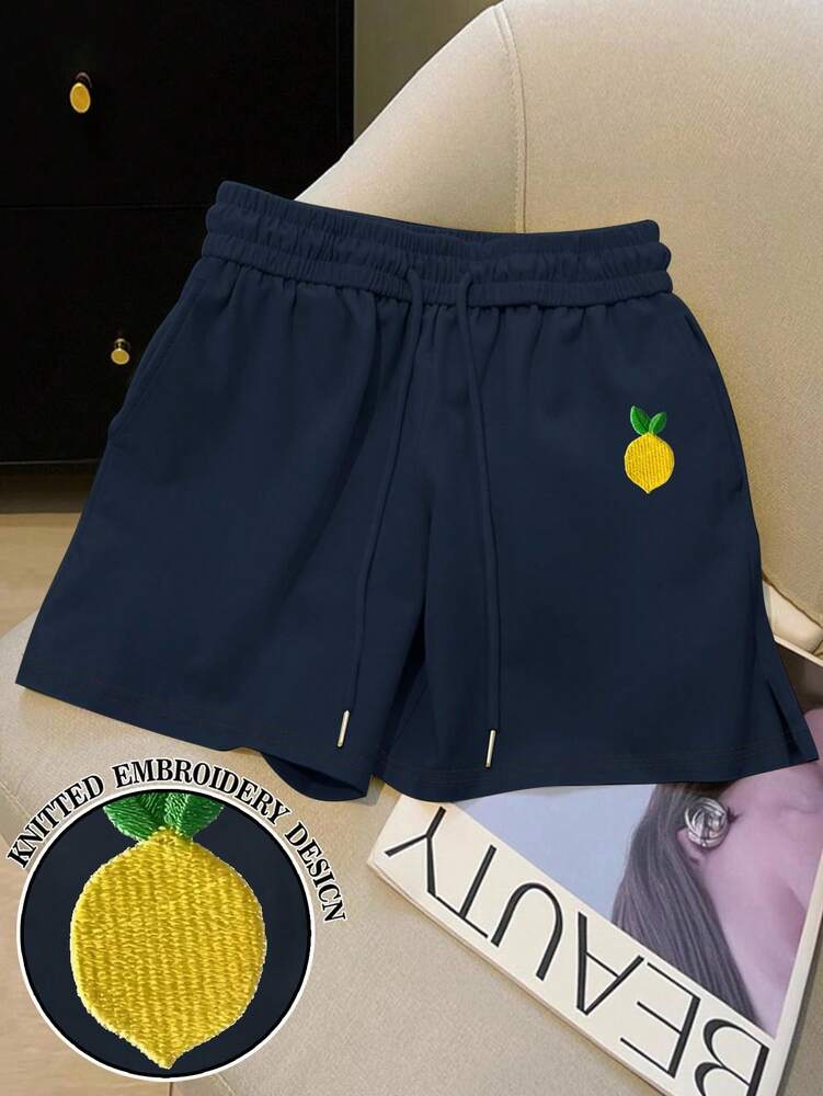 Resyla Women's Yellow Side Slit Shorts with Embroidered Lemon