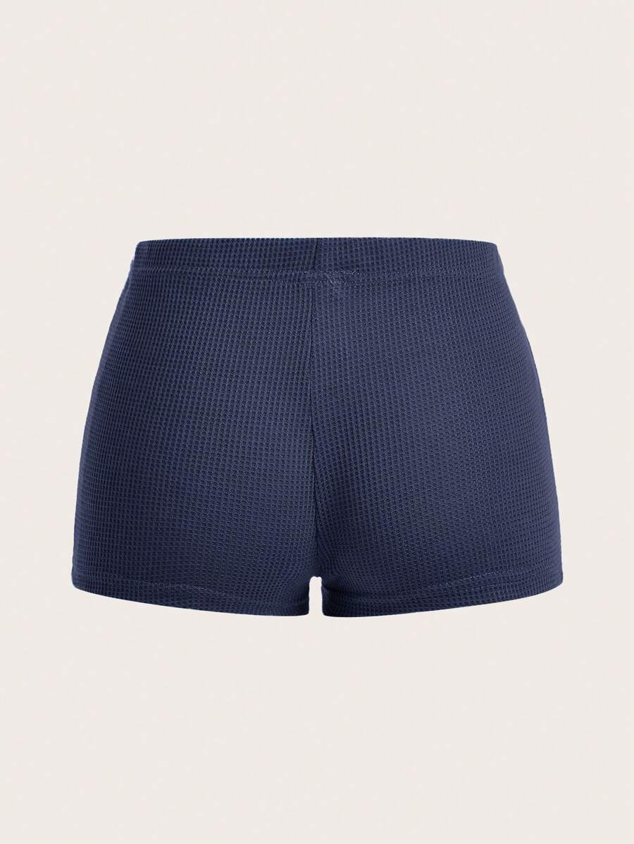 SHEIN ICON Letter Patched Button Detail Waffle Knit Black Shorts