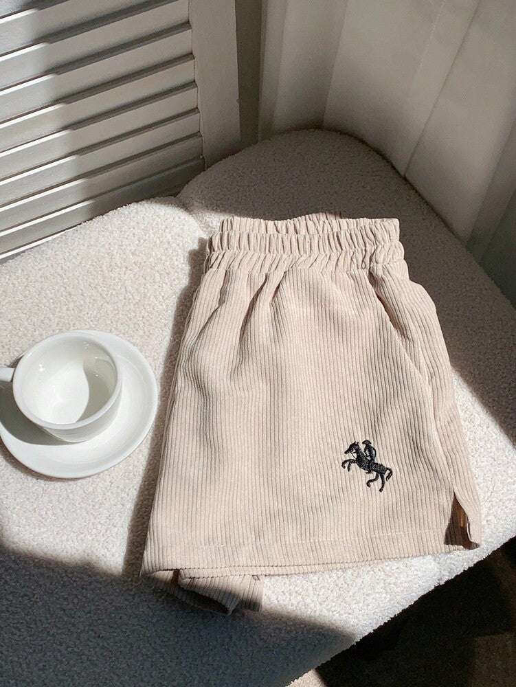 Women's Corduroy Shorts - Embroidered Casual Loose Fit Cotton Blend - Comfortable Everyday Wear & Relaxed Style for Spring/Autumn, Perfect for Casual Outings & Gift