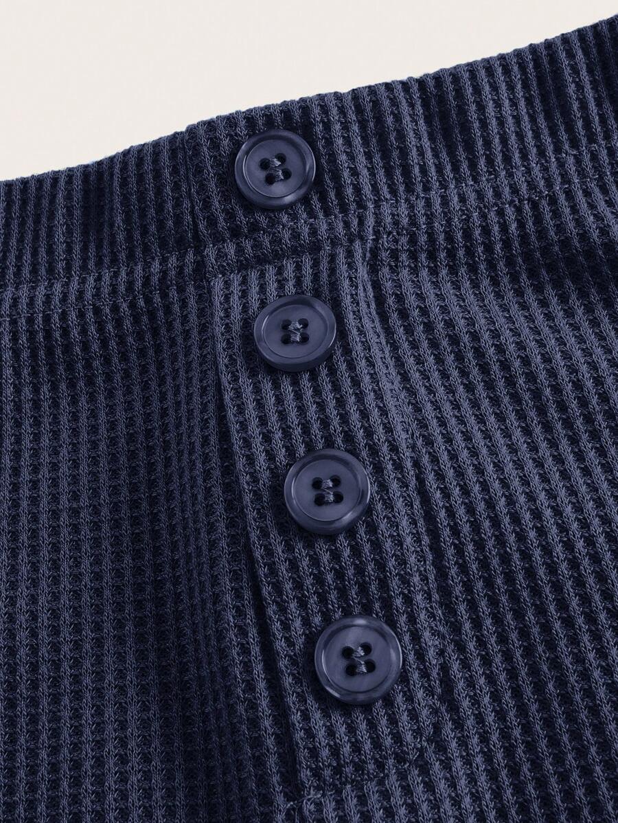SHEIN ICON Letter Patched Button Detail Waffle Knit Black Shorts