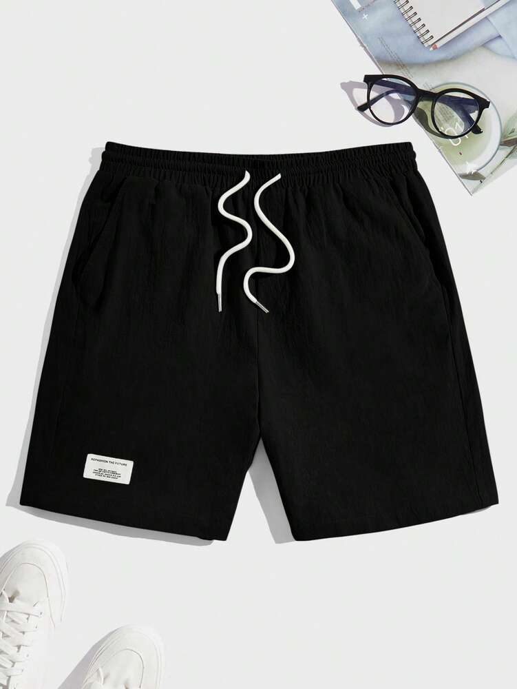 SWAVVY Men Cotton Letter Patched Detail Drawstring Waist Shorts