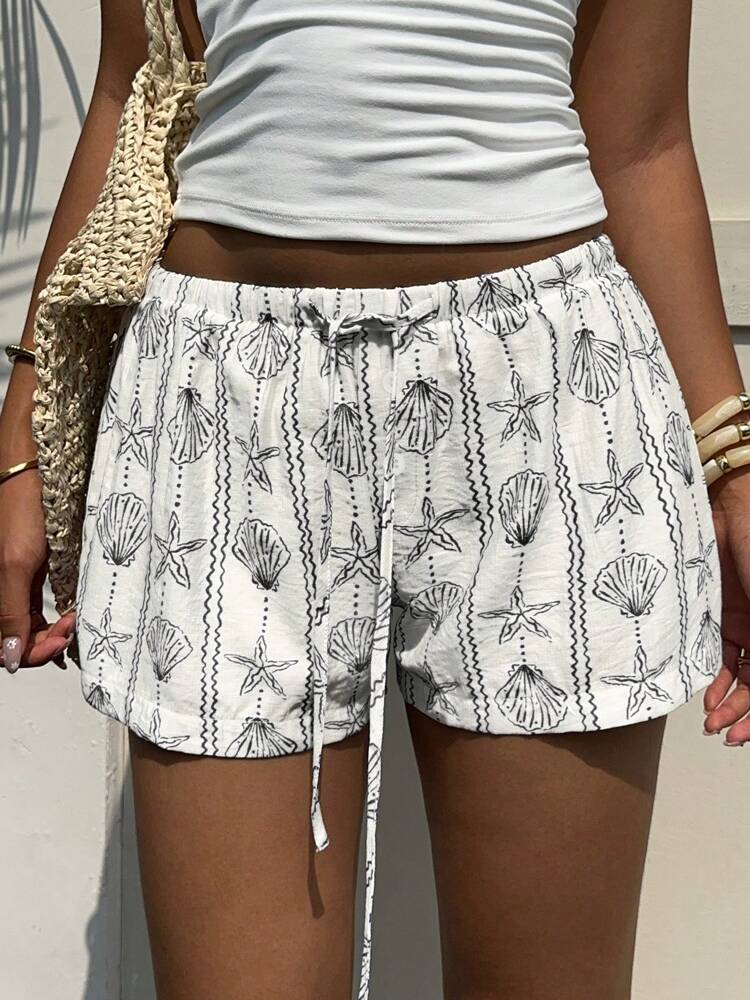 Aloruh Women's Resort Ocean Seashell & Starfish Striped Button Tied Waist Shorts For Spring/Summer